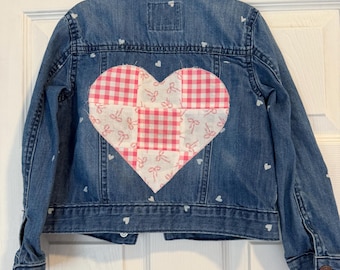 Girls 5T, Upcycled OshKosh denim jean jacket heart patchwork applique bow design