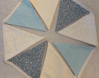 Spring Fabric Bunting, Blue Cream Garland, Penant Banner, gender neutral baby shower decor