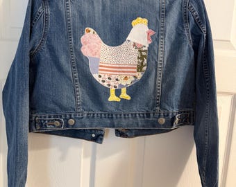 Women’s Jean Jacket, Upcycled denim jacket chicken applique