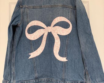 Upcycled denim jean jacket bow applique girls size 10-12