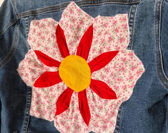 Women’s Jean Jacket, Upcycled denim jacket floral patchwork design