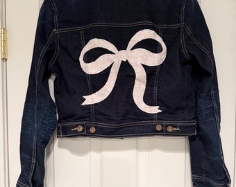 Upcycled denim jean jacket bow applique girls size large