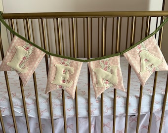 Custom Vintage Floral pink and green baby girl name banner