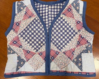 Upcycled Patchwork Star Quilt toddler vest, patriotic red white and blue size 2-3T