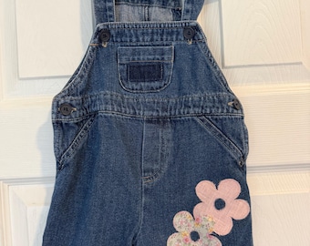18 months Girls Denim Jean Short Overalls, Shortalls Upcycled floral flower design