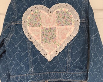 Upcycled denim heart patchwork quilted jean jacket girls size 5