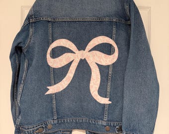 Upcycled denim jean jacket bow applique girls size 14-16
