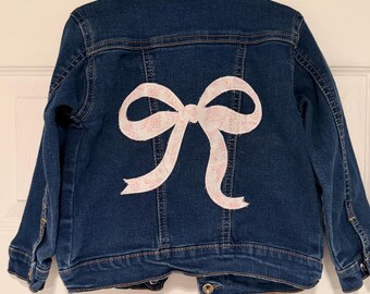 Upcycled denim jean jacket bow applique girls size 4T