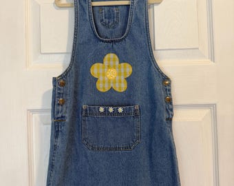 Size 6 Girls Denim jumper dress Upcycled yellow Gingham flower applique