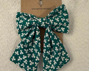 Shamrock St Patrick’s Day Fabric Sailor Hair Bow, Girls Alligator Clip