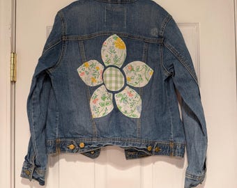 Upcycled denim jean jacket floral flower applique girls size 10-12