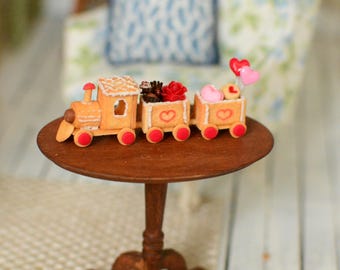 Miniature Gingerbread Train, Dollhouse Valentine’s decor, Valentine’s Miniatures,