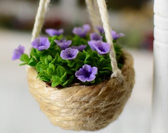 Miniature Hanging Petunia Basket - Dollhouse Hanging Baske Dollhouse Potted Petunias  - Dollhouse Decor - Miniature Flowers