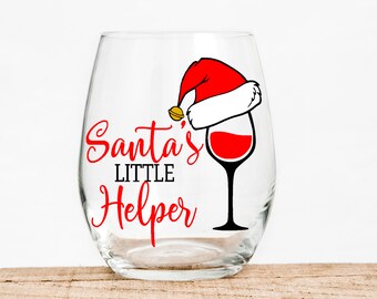 Santa's Little Helper Wine Glass, Funny Christmas Stemless Glass