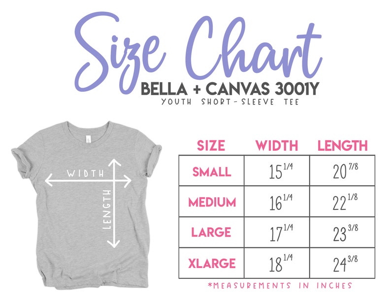 Puede incluir: Tabla de tallas para camisetas de manga corta para j&oacute;venes de Bella + Canvas 3001Y. La tabla muestra las medidas en pulgadas para el ancho y la longitud para las tallas peque&ntilde;a, mediana, grande y extra grande.