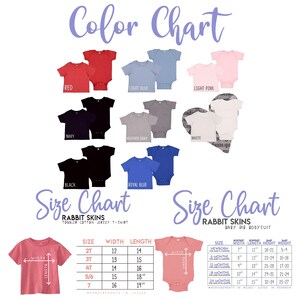 May include: Color chart showing different colors of toddler t-shirts and baby bodysuits. The chart includes size charts for both types of clothing, with measurements in inches. The t-shirt sizes are 2T, 3T, 4T, 5/6, and 7. The bodysuit sizes are newborn, 6 months, 12 months, 18 months, and 24 months. The colors shown are red, light blue, light pink, navy, white, heather gray, black, and royal blue.