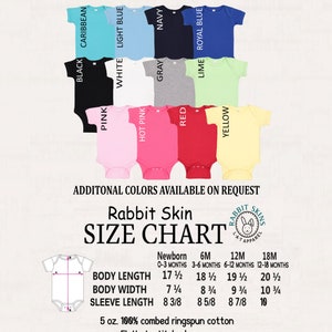 May include: A chart showing the different colors available for baby onesies. The onesies are shown in a variety of colors, including black, white, light blue, Caribbean blue, navy, gray, red, hot pink, pink, lime, royal blue, and yellow. The chart also includes a size chart for the onesies, which are made of 5 oz. 100% combed ringspun cotton with flatlock stitched seams. The onesies are CPSIA compliant and have a tracking label in the side seam.