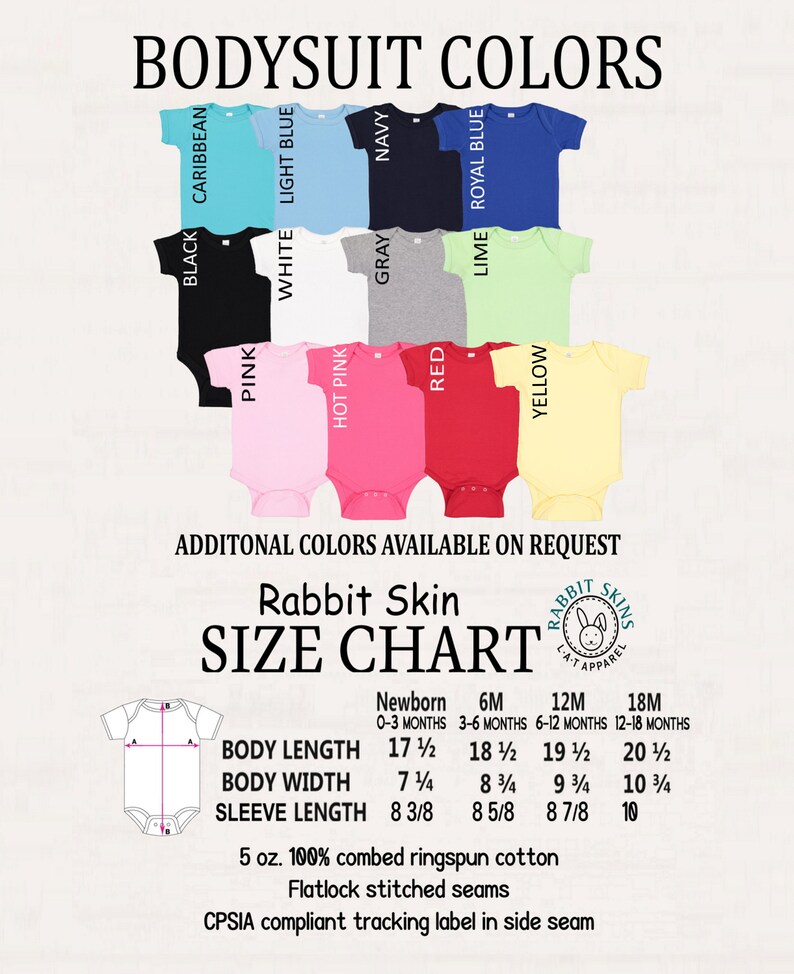 May include: A chart showing the different colors available for baby onesies. The onesies are shown in a variety of colors, including black, white, light blue, Caribbean blue, navy, gray, red, hot pink, pink, lime, royal blue, and yellow. The chart also includes a size chart for the onesies, which are made of 5 oz. 100% combed ringspun cotton with flatlock stitched seams. The onesies are CPSIA compliant and have a tracking label in the side seam.
