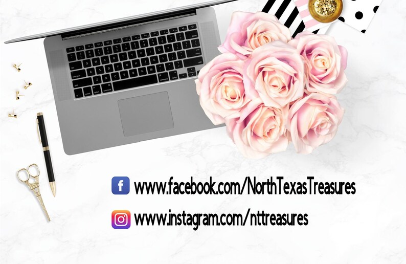 May include: A laptop, pen, and scissors are arranged on a white surface. A bouquet of pink roses sits nearby. Social media icons and website addresses for North Texas Treasures are displayed at the bottom of the image.