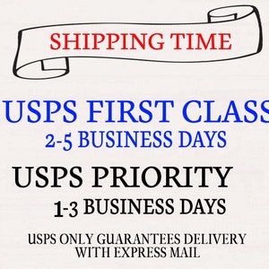 May include: A graphic with a scroll banner that says "Shipping Time" in red text. The text below the banner says "USPS First Class 2-5 Business Days" and "USPS Priority 1-3 Business Days" in blue text. The text below that says "USPS only guarantees delivery with express mail" in black text.