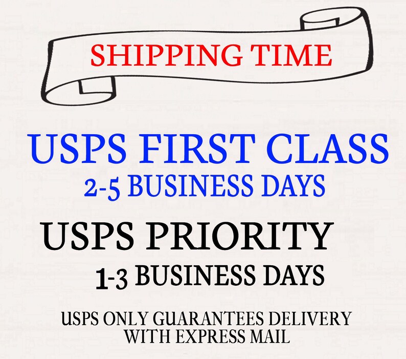 May include: A graphic with a scroll banner that says "Shipping Time" in red text. The text below the banner says "USPS First Class 2-5 Business Days" and "USPS Priority 1-3 Business Days" in blue text. The text below that says "USPS only guarantees delivery with express mail" in black text.