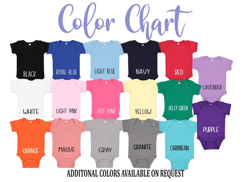 Op de afbeelding: Kleurenkaart met 16 verschillende kleuren voor baby-rompers. De kleuren zijn: zwart, koninklijkblauw, lichtblauw, marineblauw, rood, lavendel, wit, lichtroze, roze, geel, groen, paars, oranje, mauve, grijs en caribisch blauw.