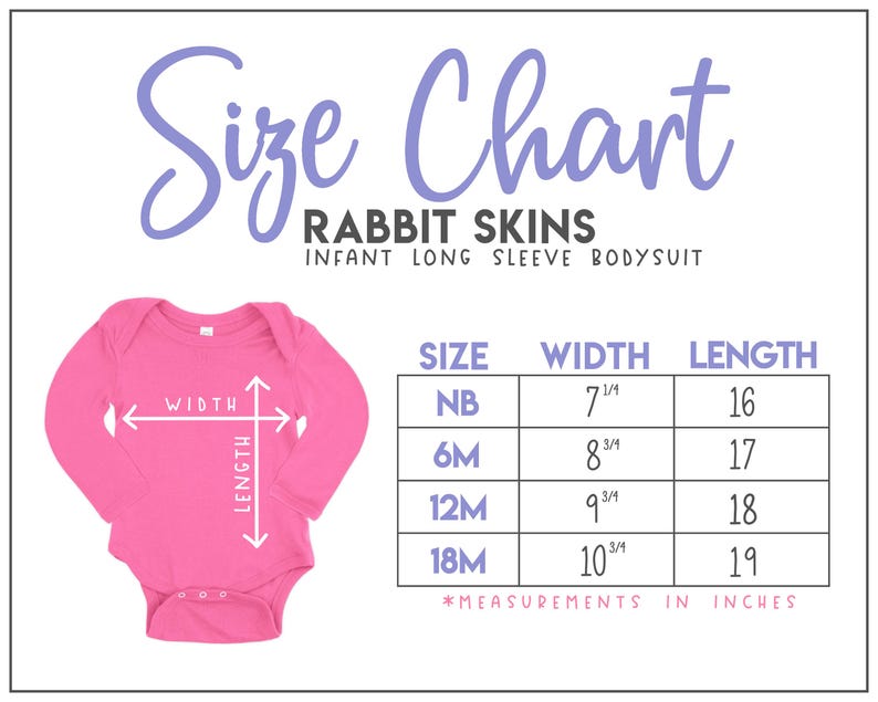 Op de afbeelding: Maattabel voor baby's met lange mouwen van Rabbit Skins. De tabel toont maten van pasgeborenen tot 18 maanden met de bijbehorende breedte- en lengtematen in inches.