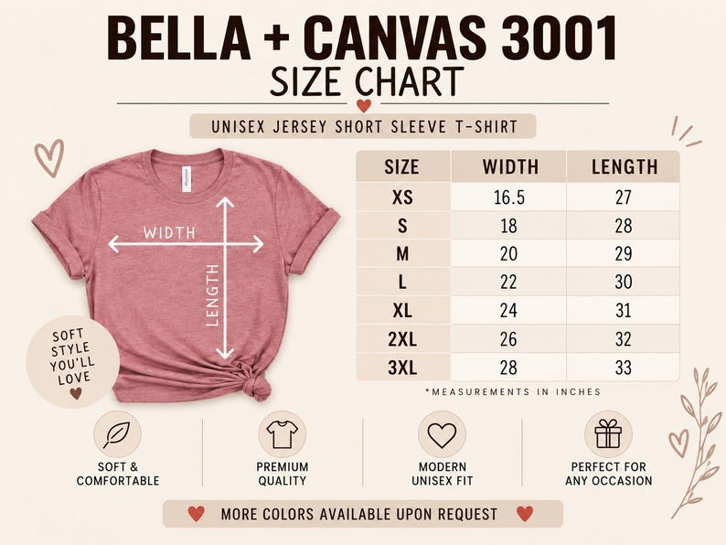 Op de afbeelding: Een Bella + Canvas 3001 unisex jersey t-shirt met korte mouwen in mauve melange met een maattabel die breedte- en lengtematen in inches toont voor de maten XS tot 3XL. De afbeelding bevat tekstlabels voor breedte en lengte.