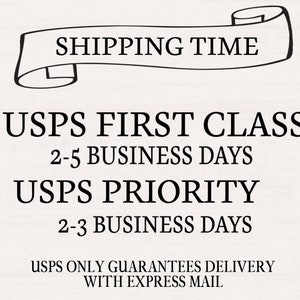 May include: Text on a cream-colored background reads "SHIPPING TIME" above information about USPS First Class and Priority mail delivery times. USPS First Class takes 2-5 business days, and USPS Priority takes 2-3 business days.