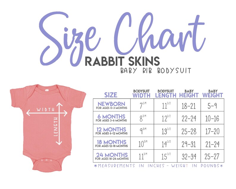 Op de afbeelding: Maattabel voor een baby rib-body van Rabbit Skins. De tabel toont de breedte en lengte van het body in inches, evenals de lengte en het gewicht van de baby in inches en ponden voor verschillende leeftijden.