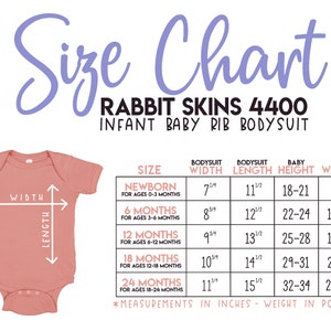 May include: Size chart for infant baby rib bodysuits. The chart shows the size, age range, bodysuit width and length, baby height and weight in inches and pounds.  The chart is labeled "Rabbit Skins 4400".