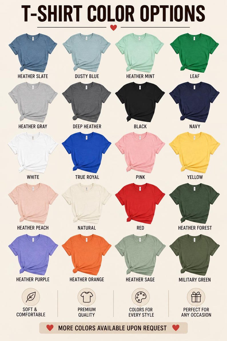 Op de afbeelding: Een kleurenkaart met twintig t-shirts met korte mouwen in verschillende tinten, waaronder heather slate, dusty blue, heather mint, leaf, heather gray, deep heather, black, navy, white, true royal, pink, yellow, heather peach, natural, red, heather forest, heather purple, heather orange, heather sage en military green, met de tekst T-SHIRT COLOR OPTIONS bovenaan.