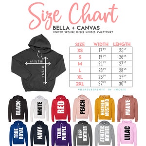May include: Size chart for Bella + Canvas unisex sponge fleece hooded sweatshirt. The chart shows sizes XS to 2XL with corresponding width and length measurements in inches. The chart is surrounded by a variety of color options for the sweatshirt.