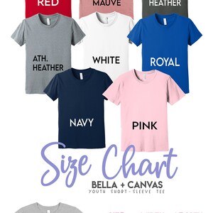 May include: Color chart showing 10 different t-shirt colors: red, heather mauve, deep heather, athletic heather, white, royal blue, navy, pink, and two shades of gray. Size chart for youth short-sleeve t-shirts with measurements in inches: small (15 1/4 inches wide, 20 7/8 inches long), medium (16 1/4 inches wide, 22 1/8 inches long), large (17 1/4 inches wide, 23 3/8 inches long), and x-large (18 1/4 inches wide, 24 3/8 inches long).