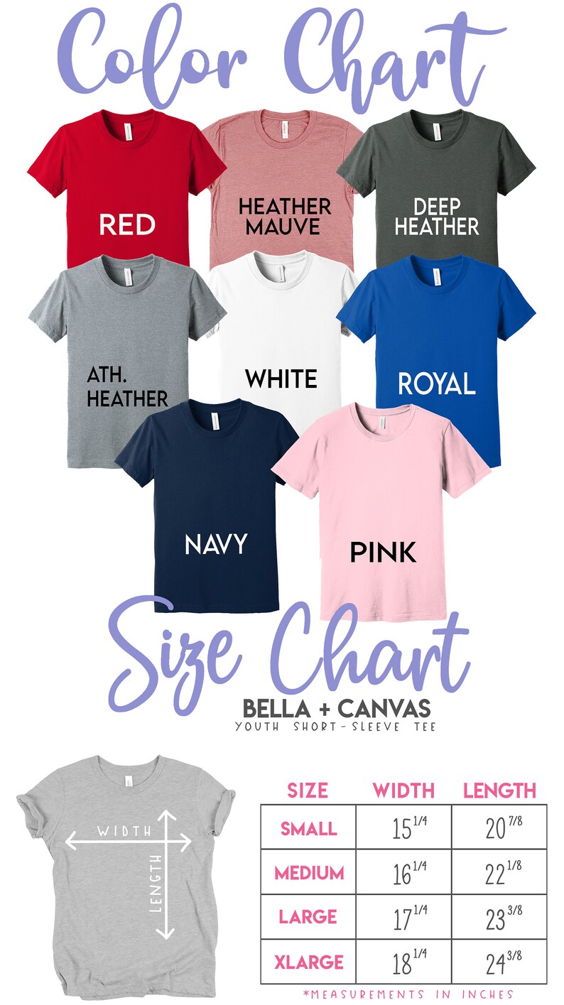 May include: Color chart showing 10 different t-shirt colors: red, heather mauve, deep heather, athletic heather, white, royal blue, navy, pink, and two shades of gray. Size chart for youth short-sleeve t-shirts with measurements in inches: small (15 1/4 inches wide, 20 7/8 inches long), medium (16 1/4 inches wide, 22 1/8 inches long), large (17 1/4 inches wide, 23 3/8 inches long), and x-large (18 1/4 inches wide, 24 3/8 inches long).
