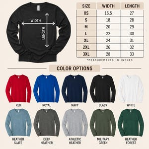 Op de afbeelding: Een Bella + Canvas maattabel voor unisex t-shirts met lange mouwen, inclusief een afbeelding van een zwart shirt, een tabel met maten van XS tot 3XL met breedte- en lengtematen in inches, en tien kleuropties: rood, royal, navy, zwart, wit, heather slate, deep heather, athletic heather, military green en heather forest.