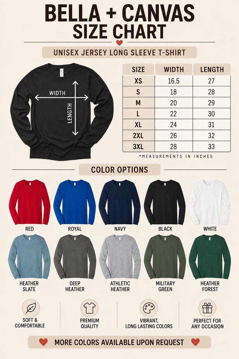 Op de afbeelding: Een Bella + Canvas maattabel voor unisex t-shirts met lange mouwen, inclusief een afbeelding van een zwart shirt, een tabel met maten van XS tot 3XL met breedte- en lengtematen in inches, en tien kleuropties: rood, royal, navy, zwart, wit, heather slate, deep heather, athletic heather, military green en heather forest.