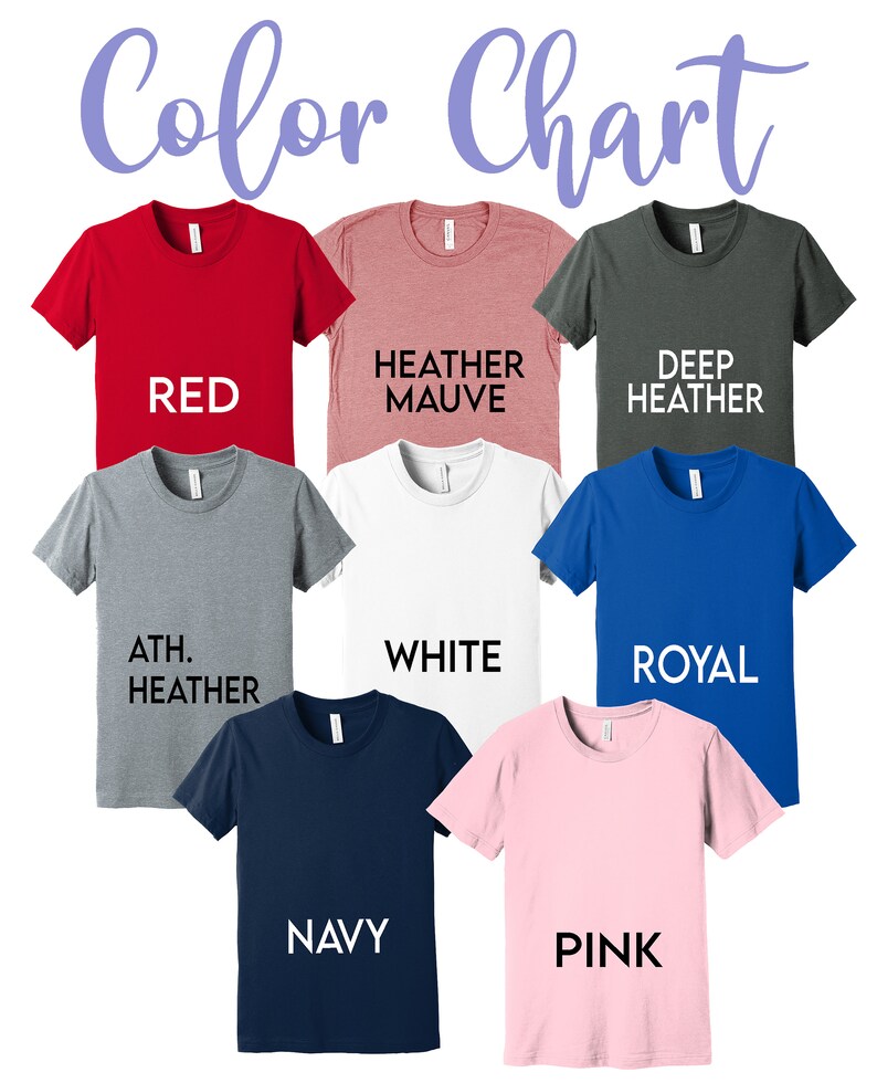 Puede incluir: Carta de colores que muestra diferentes colores de camisetas, incluyendo rojo, malva jaspeado, gris jaspeado oscuro, gris jaspeado deportivo, blanco, azul real, azul marino y rosa.