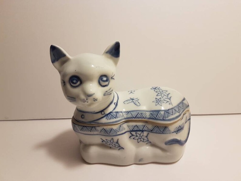 Vintage Blue and White Ceramic Cat Trinket Dish Hand Painted Etsy