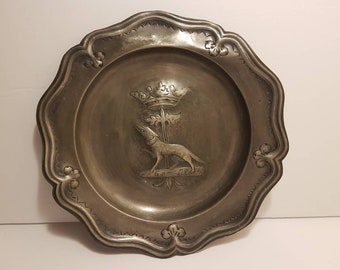 Wavy Lobed Pewter Plate with Dog and Crown, Stamped