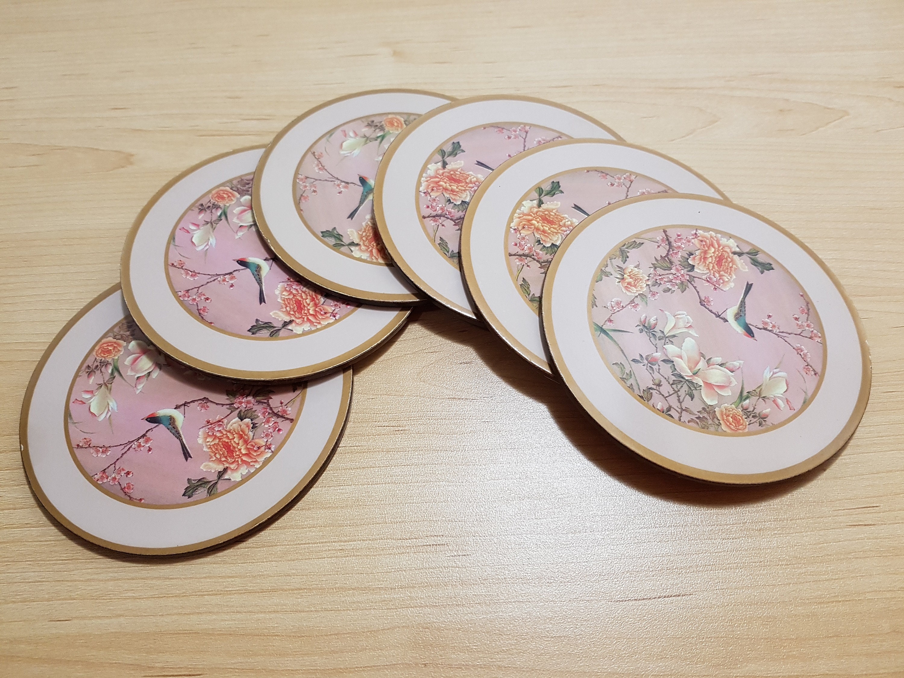Six Vintage Pimpernel Floral/Bird Cork Backed Round Coasters Etsy