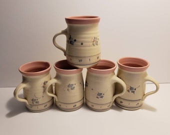 5 Vintage Pink Pottery Mugs, Signed