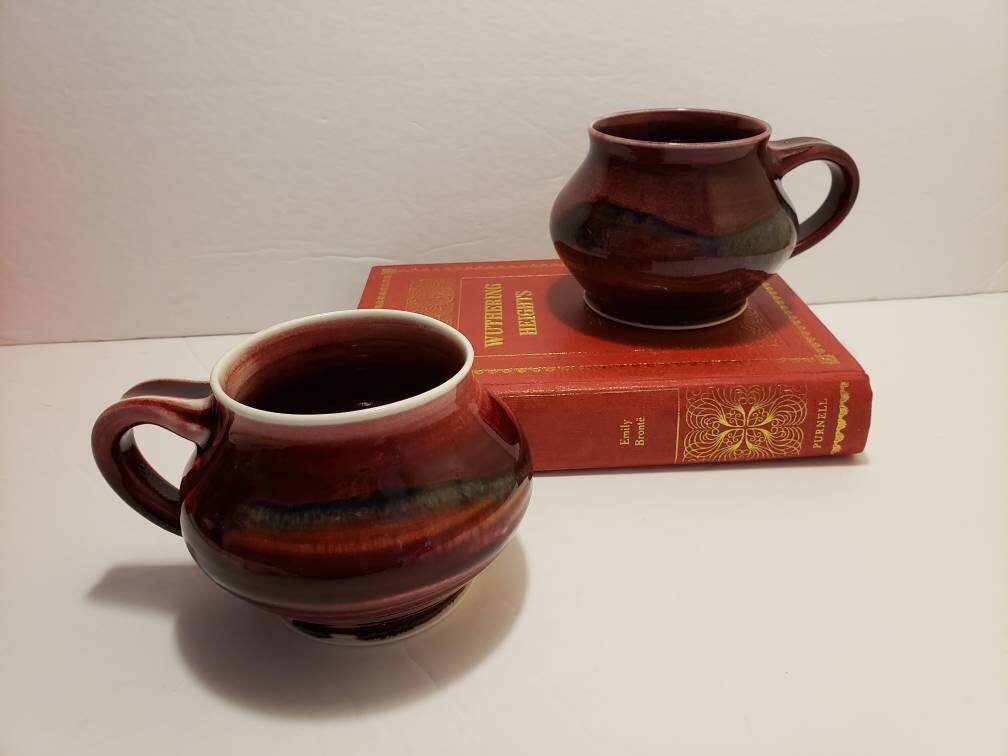 Signed Pottery Drip Glaze Mugs K. Cameron Vintage Etsy