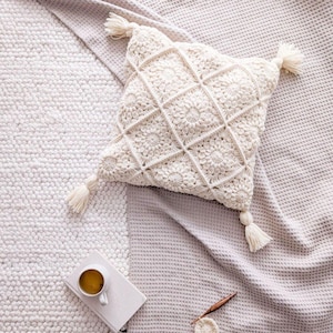 May include: A white crocheted throw pillow with a square pattern and tassels. The pillow is on a light gray textured surface.