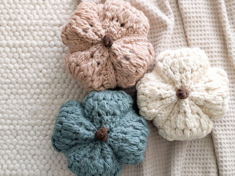 Op de afbeelding: Drie gehaakte pompoenen in zachte pasteltinten: &eacute;&eacute;n lichtroze, &eacute;&eacute;n cr&egrave;me en &eacute;&eacute;n stoffig blauwe. Elke pompoen heeft een ronde, getextureerde vorm met een kleine, donkerbruine gehaakte steel in het midden, met gedetailleerd haakwerk.
