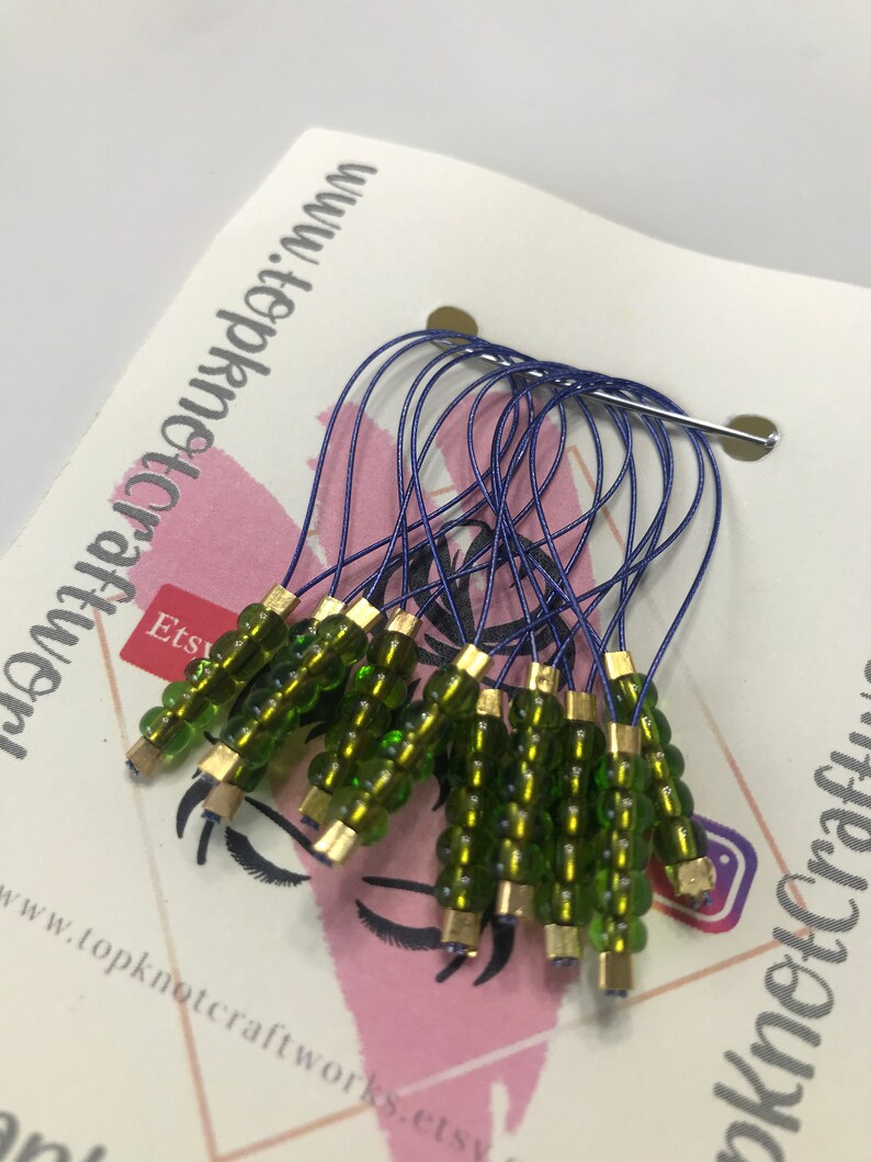 Green Glass Stitch Markers, Set of 10, Gift for Knitters, Handmade