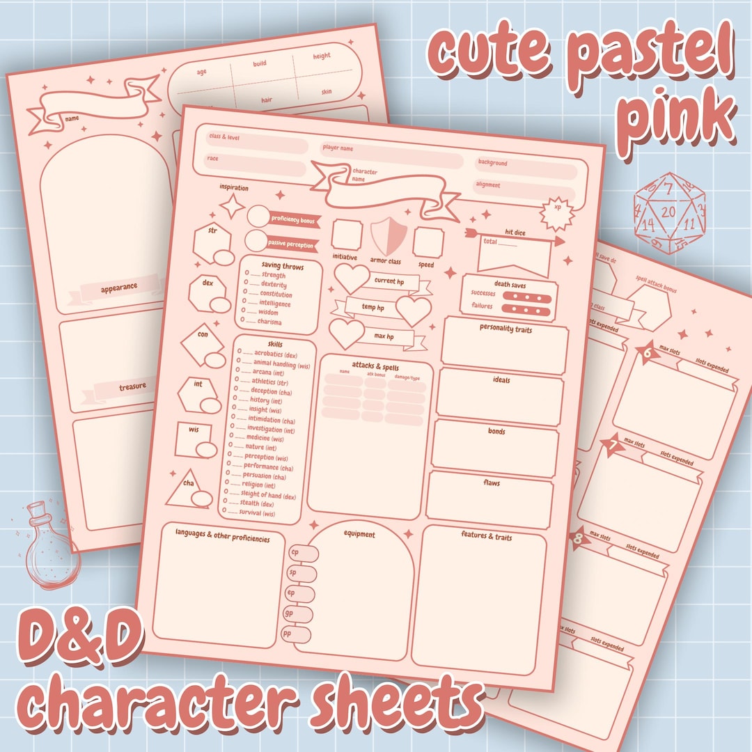 Pastel Pink Dnd 5e Character Sheet: Minimalist Dungeons and Dragons ...