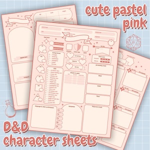 Puede incluir: Tres hojas de personaje de D&D de color rosa pastel con secciones para estadísticas, habilidades y rasgos. Las hojas tienen un diseño lindo con elementos decorativos y el texto "cute pastel pink" y "D&D character sheets".