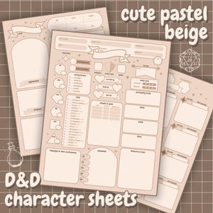 Peut inclure: Feuilles de personnage D&D beiges avec un design pastel mignon. Les feuilles comprennent des sections pour les statistiques, les compétences et les traits du personnage. Le texte "cute pastel beige" et "D&D character sheets" est visible. Un dé D20 est également présent.