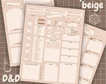 Pastel Beige DnD 5e Character Sheet: Minimalist Dungeons and Dragons (PDF Printable and Fillable)